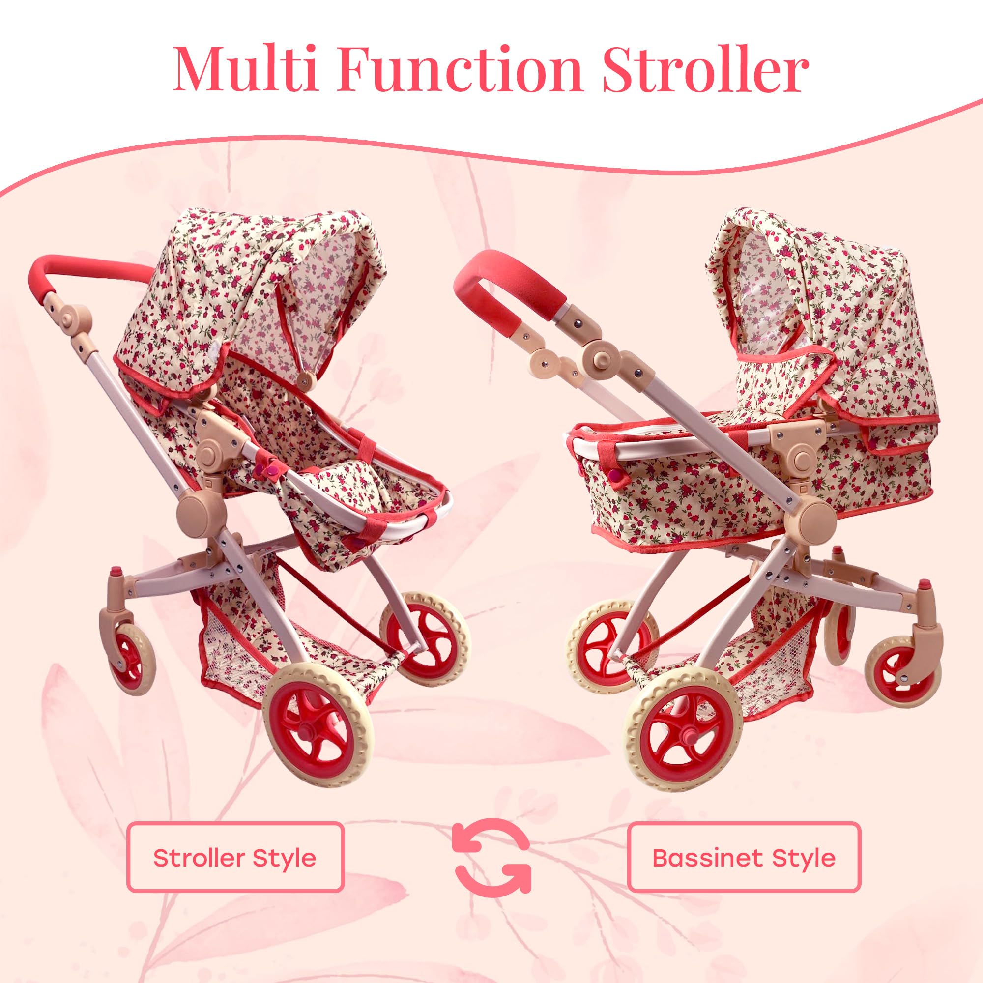 Convertible Combo Baby Doll Stroller for 3 Year Old Girls & Up | Play Toy Baby Stroller for Dolls, Folding Adjustable Bassinet Carriage Buggy with Storage Basket Converts to Sit Up Pushcart Pram, Red