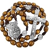 TALISMAN4U Saint Michael the Archangel Solid Wood Rosary Beads Catholic Necklace for Men Holy Trinity Cross Crucifix Guardian Angel Medals Corded Rosaries Gift Rosary Pouch & Prayer Card