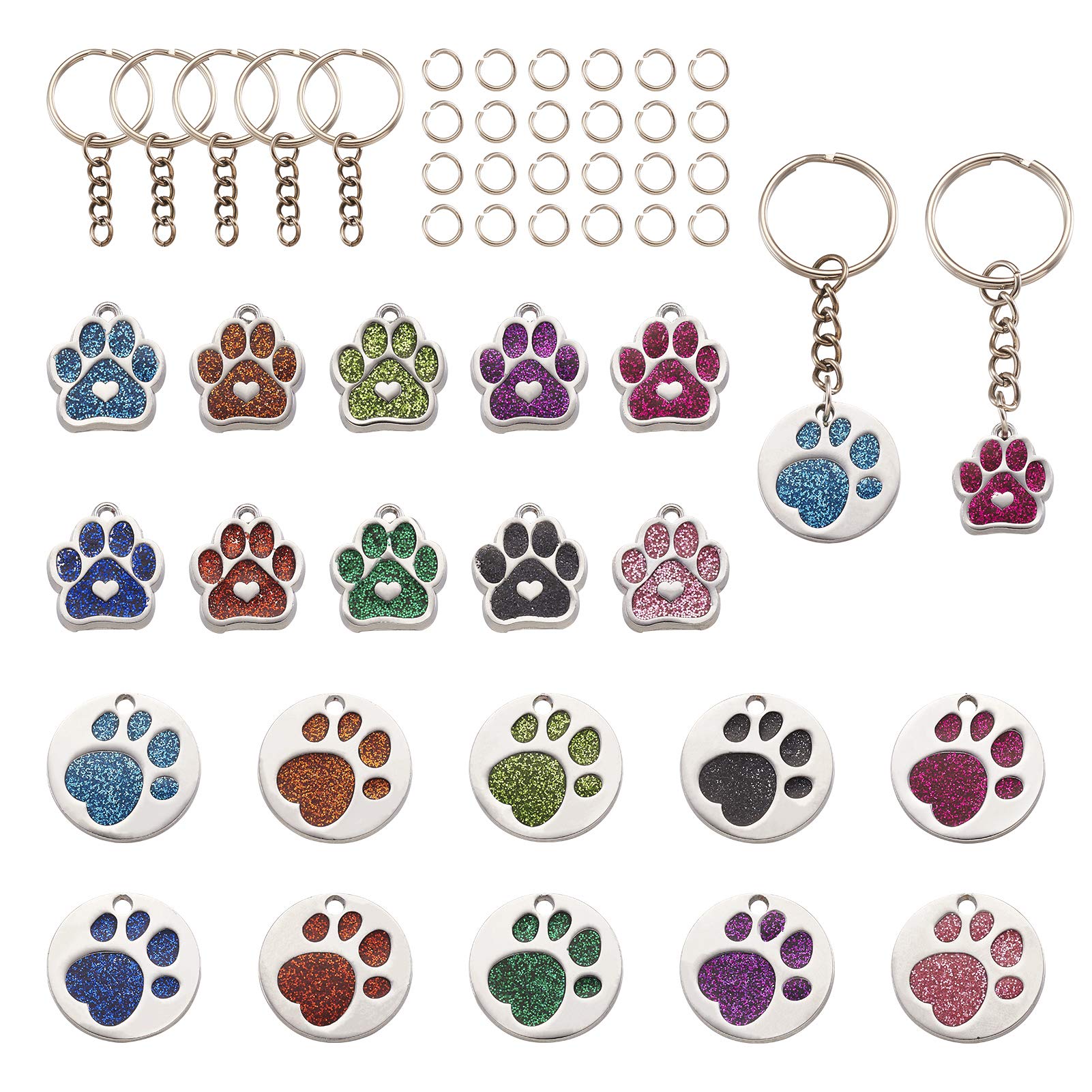 Beadthoven 20pcs Cat Dog Paw Enamel Charms Pendants Colorful Pet Animal Footprint Glitter Snap Charms with Split Key Rings & Jump Rings for Keychain Jewelry Making