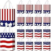 Locmeo 24 Pcs 4th of July Patriotic Party Favor Bags with Handles Reusable Non Woven American Flag Goodie Bags Independence Day Gift Bag for Girl Boy Birthday Memorial Party Supplies, 8 x 4 x 10 Inch