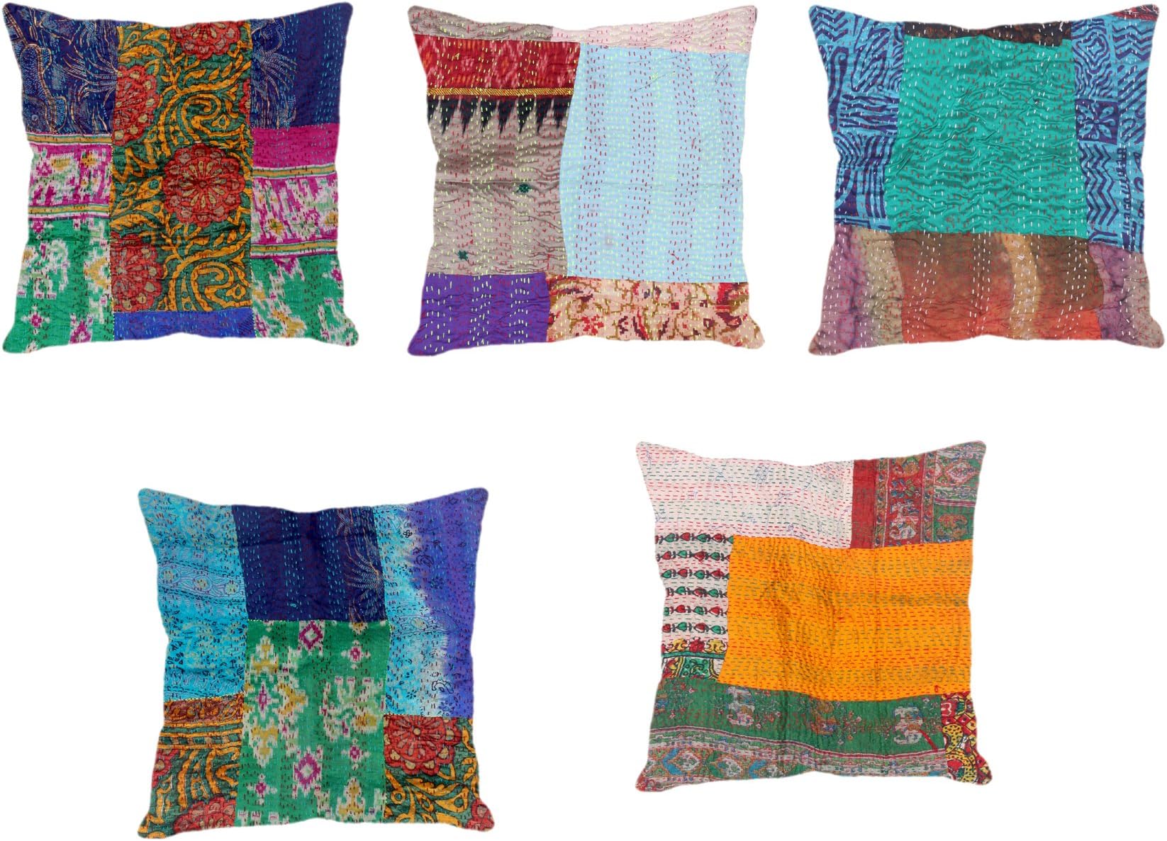 Indistar Set of 5 Throw Pillow Cover | Silk Patchwork Cushion Covers with Traditional Indian Kantha Work | Decorative Cushion Covers, 12 x 12 Inch-93100-518-IW-P5