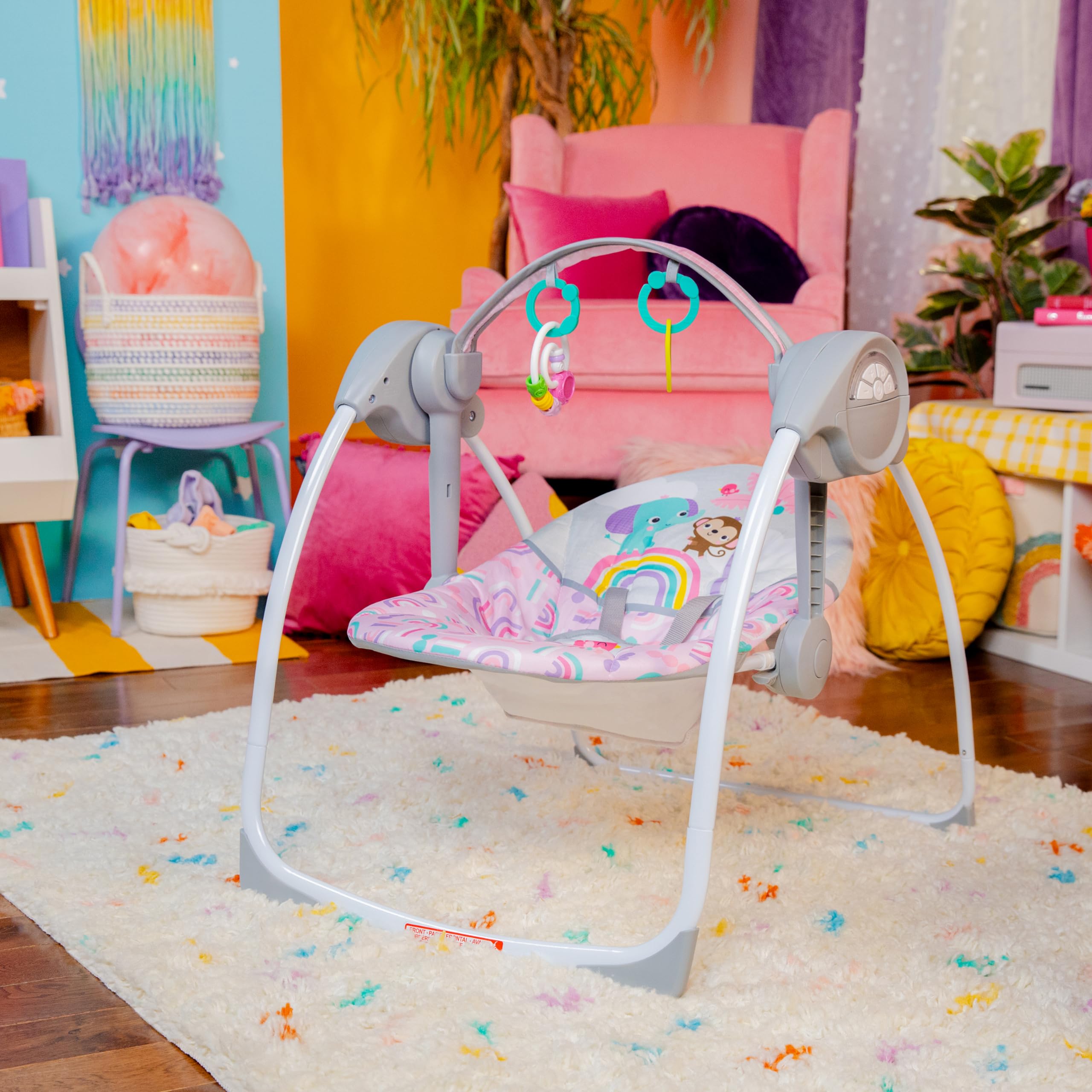 Bright Starts Pink Paradise Portable Compact Automatic Baby Swing with Music, Unisex, Newborn +