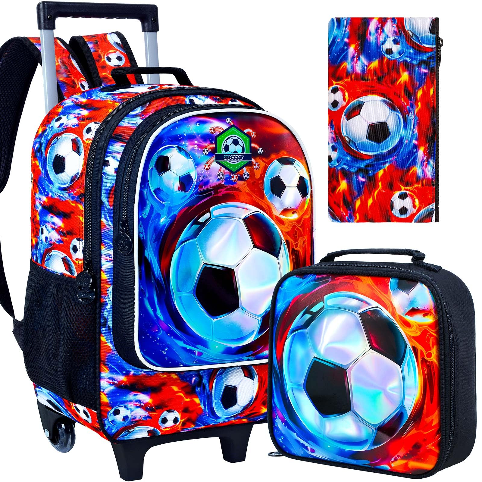 Photo 1 of FTJCF 3PCS Rolling Backpack for Boys, Kids Roller Bookbag with Wheels, Soccer Wheeled School Backpack for Elementary Preschool Kindergarten(Fire-Ice)