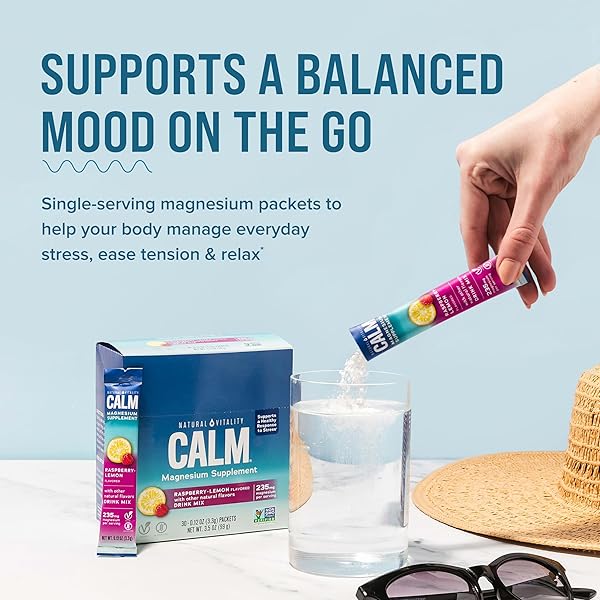 NATURAL VITALITY CALM, MAGNESIUM CITRATE SUPPLEMENT, ANTI-STRESS DRINK MIX POWDER – GLUTEN FREE, VEGAN, & NON-GMO, RASPBERRY LEMON, 0.12 OZ, 30 PACKETS