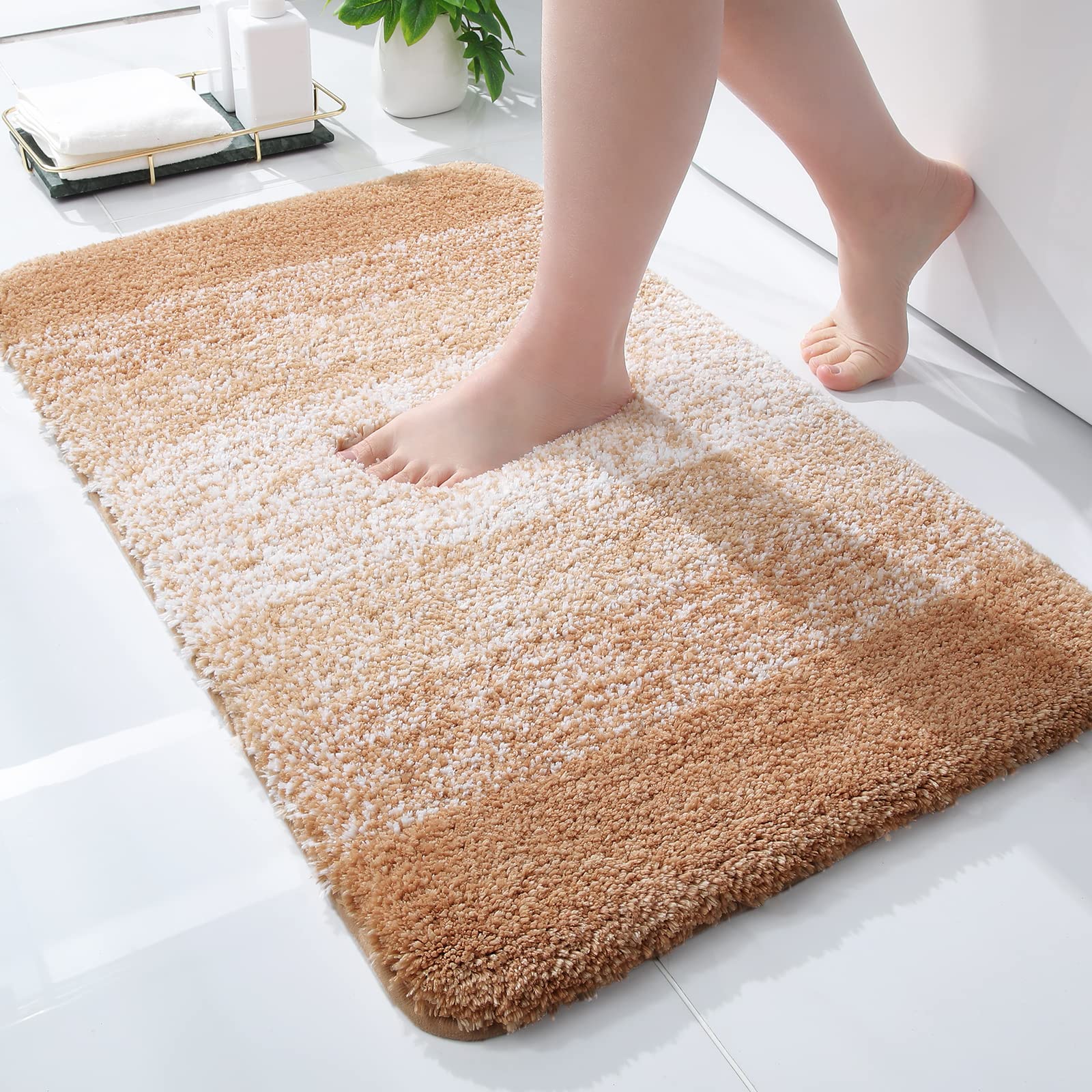 smiry Microfiber Bath Mat, 40 x 60 cm, Non-Slip Super Absorbent Bathroom Mat, Extra Soft Thick Foot Mat, Fluffy Shaggy Bath Mats Rugs for Bathroom, Beige