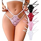 BFTBTY G-String Thongs for Women Sexy Lace Floral Hollow Out Cheeky Underwear Breathable No Show Invisible Panties 4 Pack