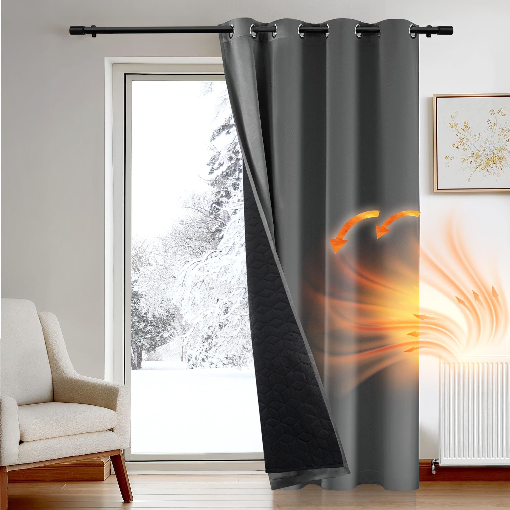 Deconovo Thermal Door Curtains 108 Inch Drop, Extra Long Window Panel with Thick Microfiber Lining, Draught Reduction Eyelet Blackout Curtain for Doorways, 52 x 108 Inch (W x H), Dark Grey, 1 Piece