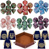 CiaraQ Polyhedral Dice Set &ndash; Plum Blossom Design &ndash; DND Role Playing Dice | Acrylic RPG Dice for Dungeons and Dragons MTG Table Games, 6 Velvet Dice Bags + 1 Dice Tray, Multicolor, 42pcs
