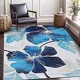 CAMILSON Solana Modern Floral 6'7" x 9'0" Area Rugs Non-Skid (Non-Slip) Rubber Backing Flowers Indoor Rug (6x9, Floral - Blue