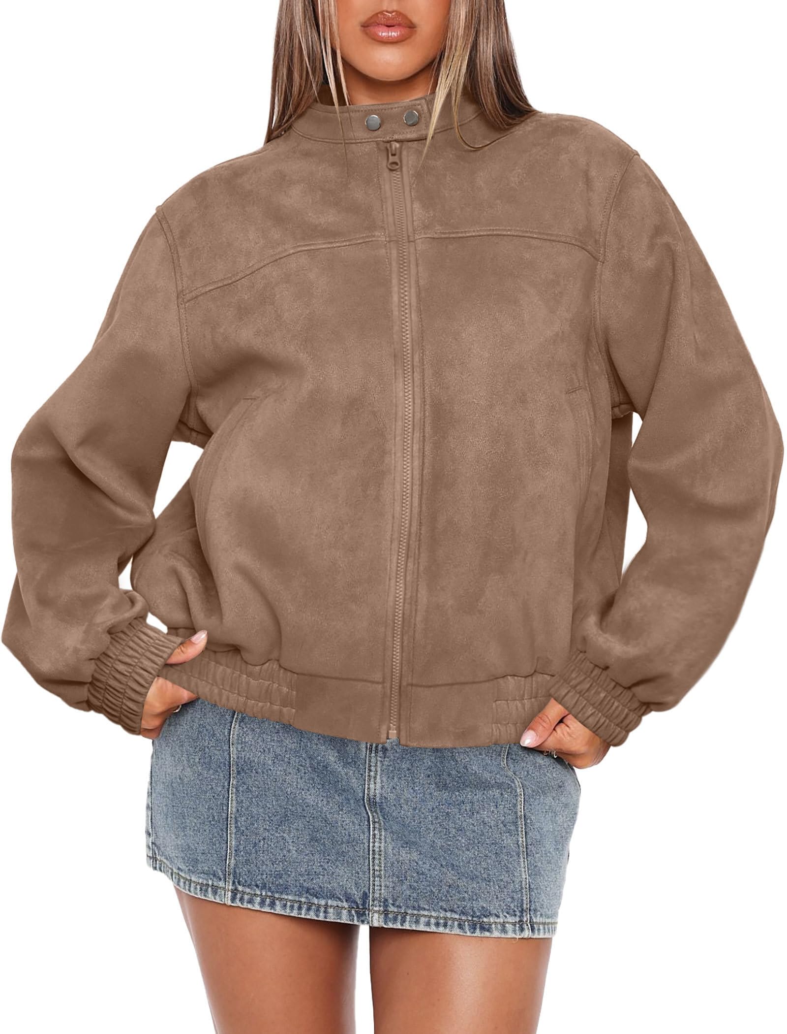 Sampeel Leather Jacket Women Faux Oversized Motorcycle Bomber Coats 2025 Fall Fashion Outfits Winter Clothes Trendy Cute Suede Camel XS Image