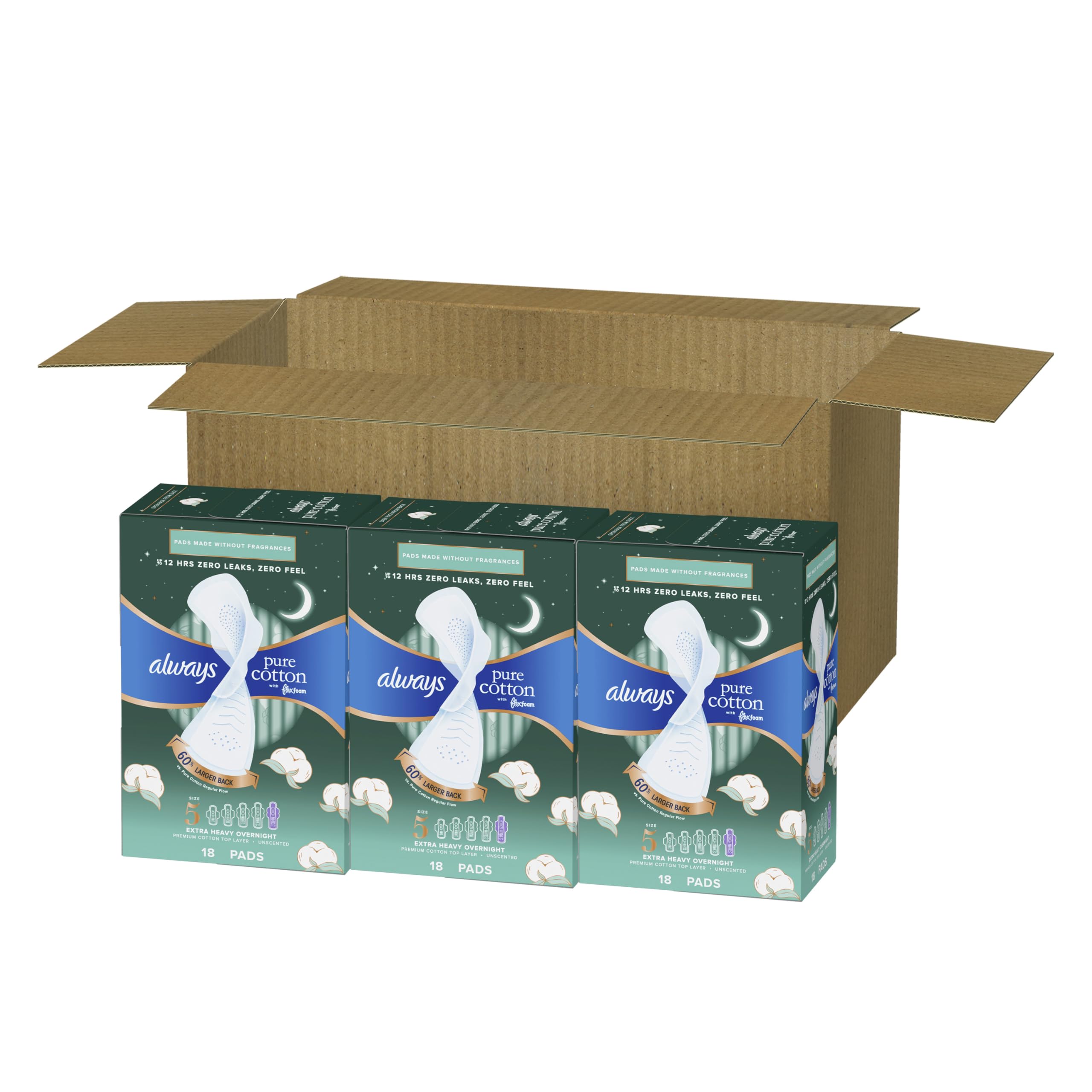 Always Pure Cotton Feminine Pads for Women, FlexFoam Pads with Wings, Size 5, Extra Heavy Overnight Absorbency, Unscented, 54 Count (3 Packs of 18)