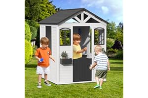RICHRYCE All Spruce Outdoor Kids Playhouse, Toddler Wooden Playhouse for Kids Ages 3-10, with Sink, Stove, Flower Pot Holders, Phone, Kitchen with Food Kitchenware Tableware, 42" x 45" x 55", White