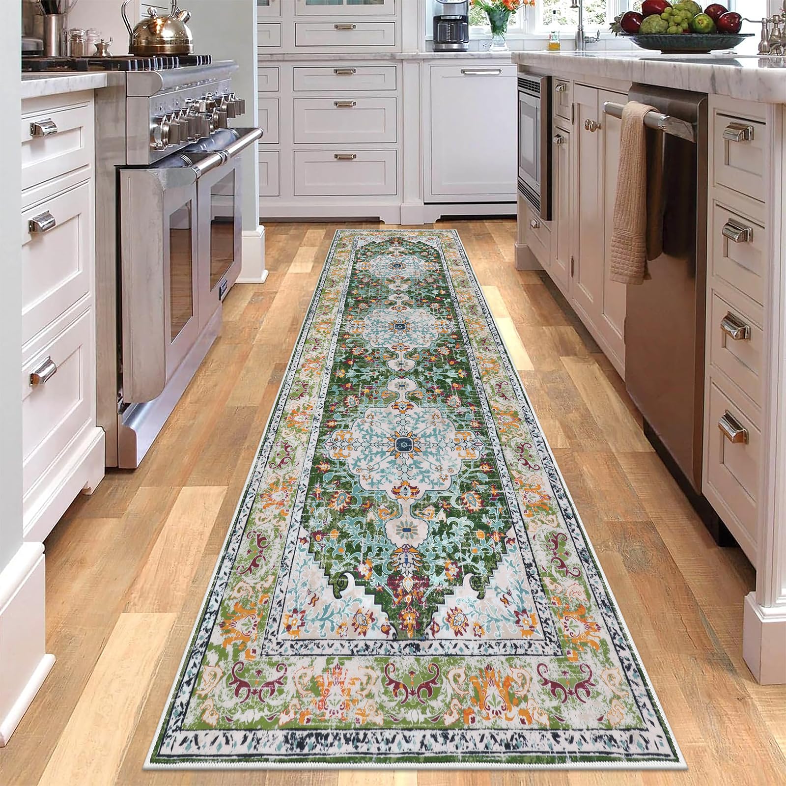 U'Artlines 2.6' x 8' Boho Hallway Runner Rug, Non Slip Washable Vintage Farmhouse Accent Area Rug Carpet for Kitchen Entryway Laundry and Living Room (Green) Image U'Artlines 2.6' x 8' Boho Hallway Runner Rug, Non Slip Washable Vintage Farmhouse Accent Area Rug Carpet for Kitchen Entryway Laundry and Living Room (Green) Image