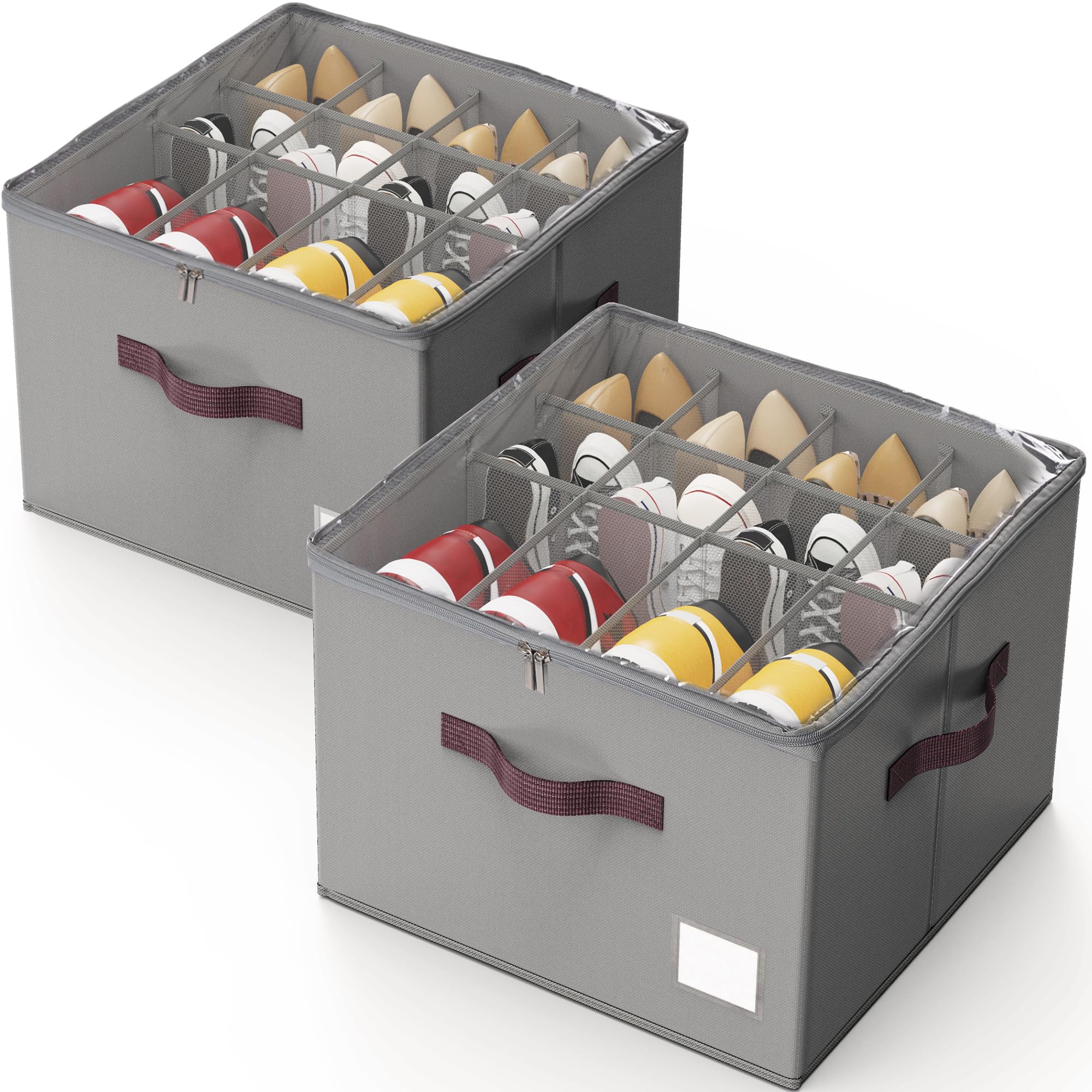 Photo 1 of Criusia Shoe Organizer for Closet, 2 Pack Shoe Organizer with Transparent Cover and Sturdy Handles, Closet Shoe Storage for Sneakers Sandals Slippers, Fit 12-16 Pairs, Gray