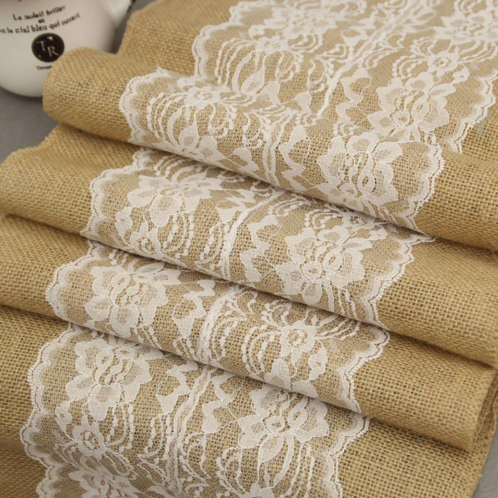 Amazon Com Burlap Lace Table Runner White Lace Flower 12x120