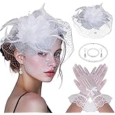 5Pcs Tea Party Hat and Gloves Set for Women, Fascinators Hats with Short Lace Gloves Pearl Necklace Bracelet Earrings