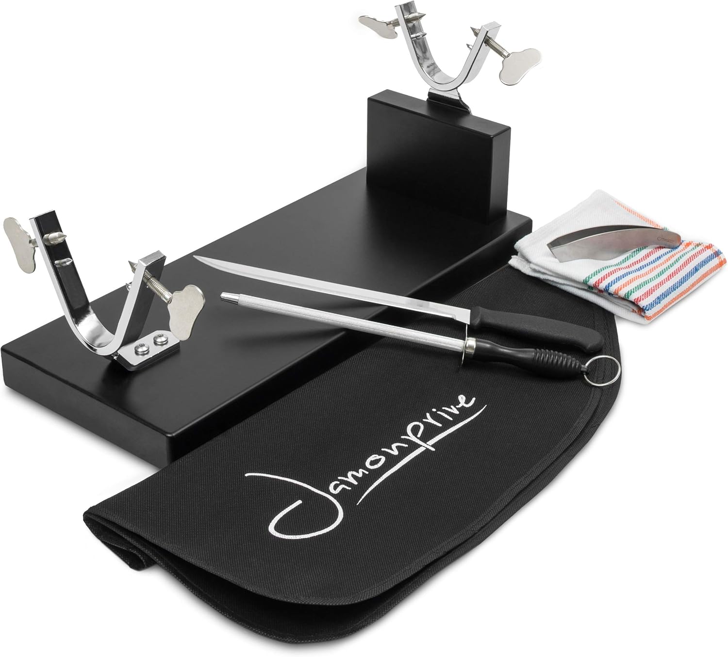 Schinkenhalter + Messer & Wetzstahl + Schinkenabdeckung + Küchentuch + Pinzette - Jamonprive