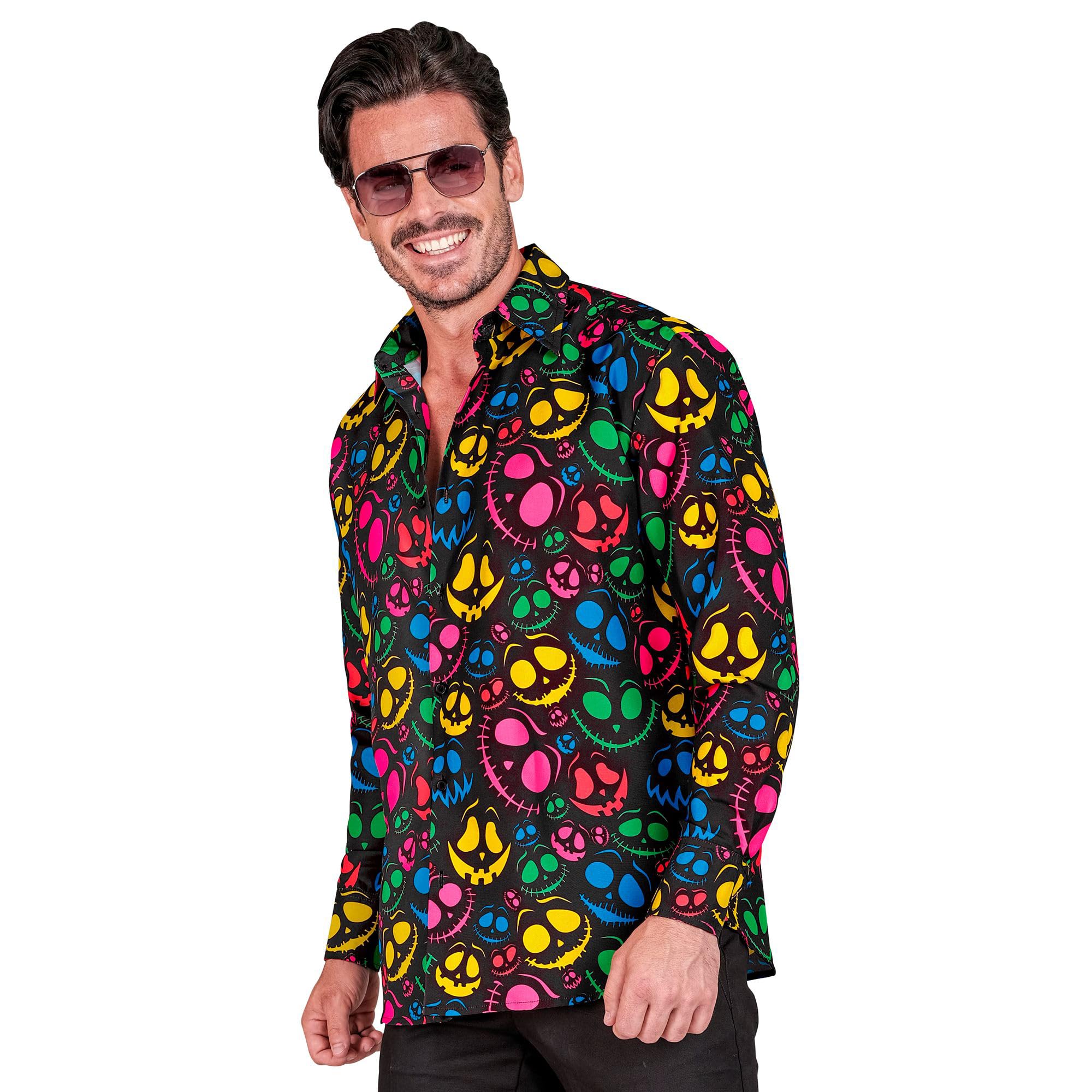 Widmann W MILANO Party Fashion - Ghost Shirt Men Black with Neon Ghosts Glow Under UV Light Halloween Fancy Dress