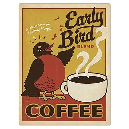 Sehaz Artworks Early Bird Coffee Rectangular Wall Sign Decal (Wooden, 30 cm x 20 cm x 1 cm)