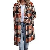IN'VOLAND Women's Plus Size Flannel Plaid Shacket Coat Lapel Button Wool Blend Winter Tartan Trench Coat Jacket with Pockets