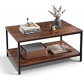 SUPER DEAL 2-Tier Industrial Coffee Table with Storage Shelf for Small Apartment Living Room, Rectangle Wood and Stable Metal TV Stand Side End Table, Rustic Brown