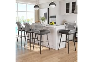 MEISSALIVVE Bar Stools Set of 4, Outdoor Bar Height Bar Stools, 30" H Swivel Wicker Rattan Outdoor Barstools with Boho Woven Rope Back for Kitchen Patio Garden, Grey