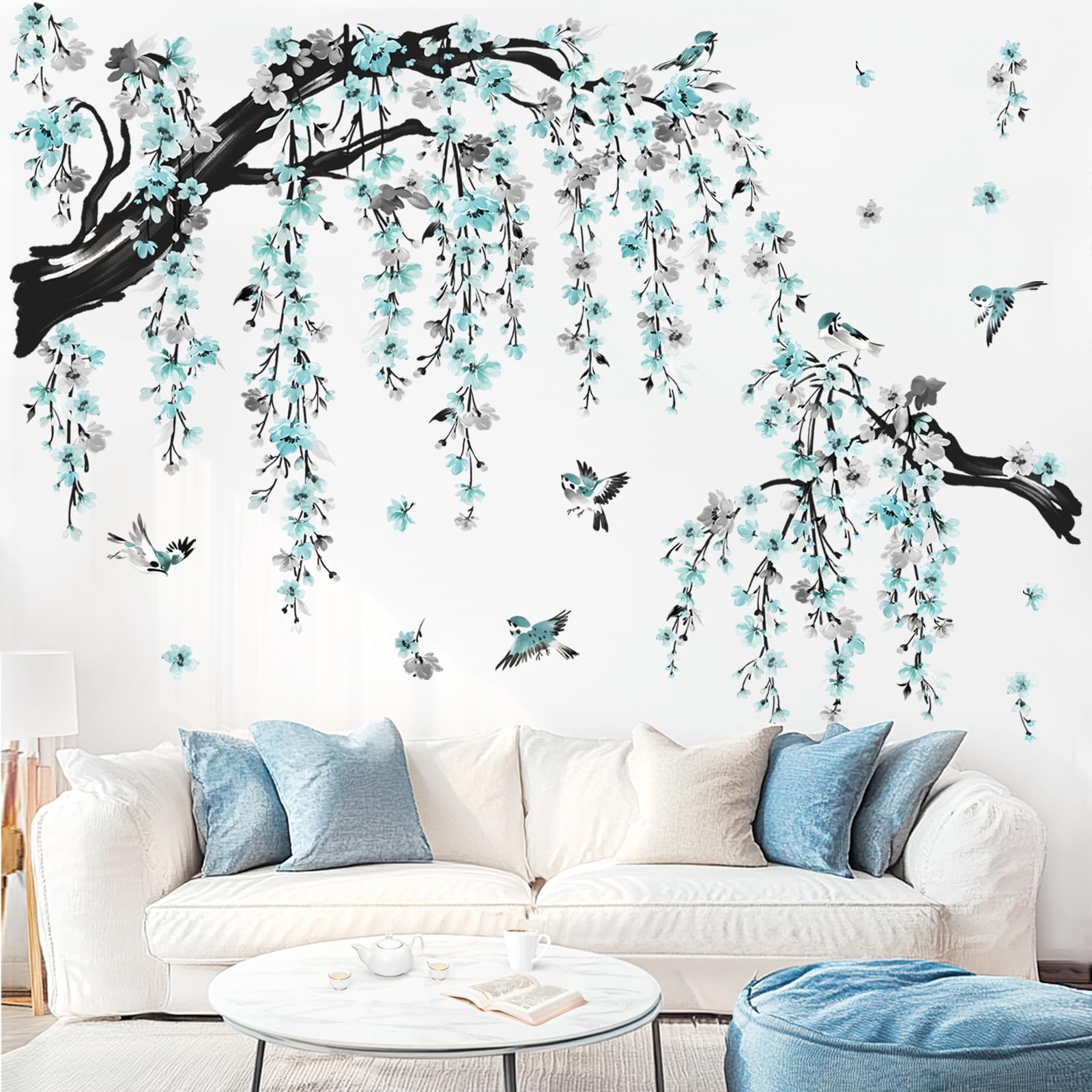 wondever Large Watercolor Flower Branch Wall Stickers Blue Blossom Tree Branches Peel and Stick Wall Art Decals for Living Room Bedroom TV Wall