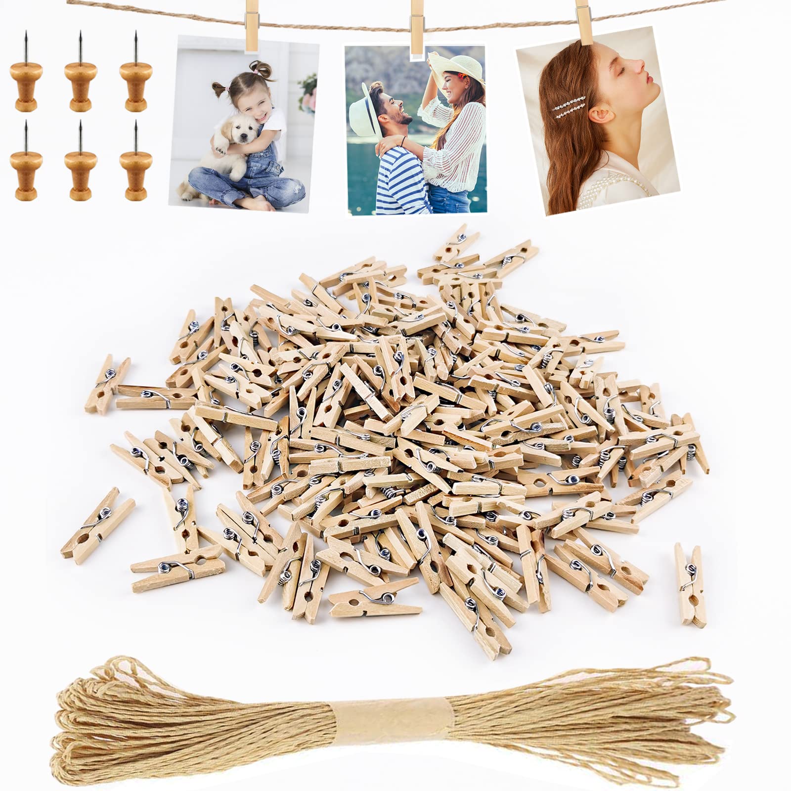 Furuising 150PCS Mini Wooden Pegs, 3cm Natural Photo Pegs with 10M Jute String for Wall Display, Craft, Weddings & Parties