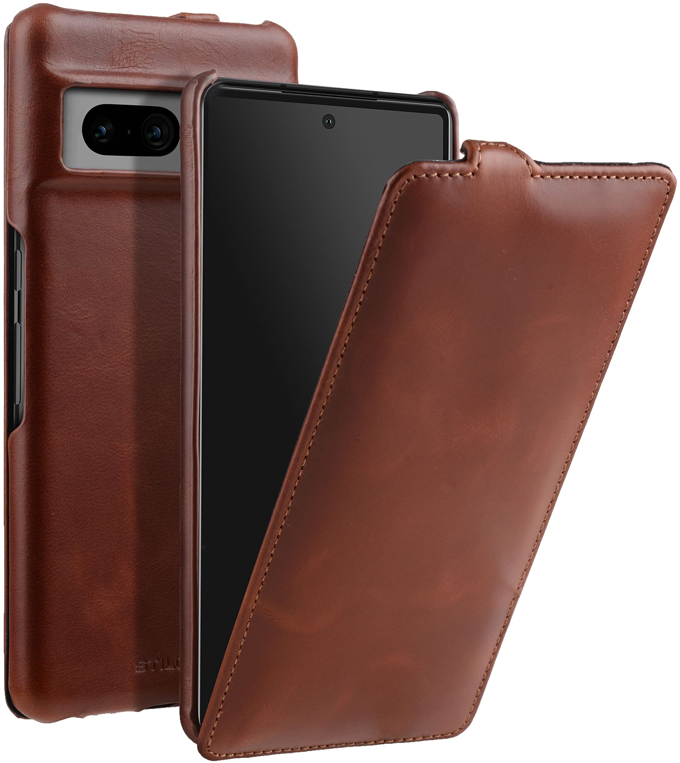 STILGUT UltraSlim Compatible with Google Pixel 7 Pro Case - Pixel 7 Pro Leather Flip Case, Flip Case, Mobile Phone Case, Leather Case - Cognac