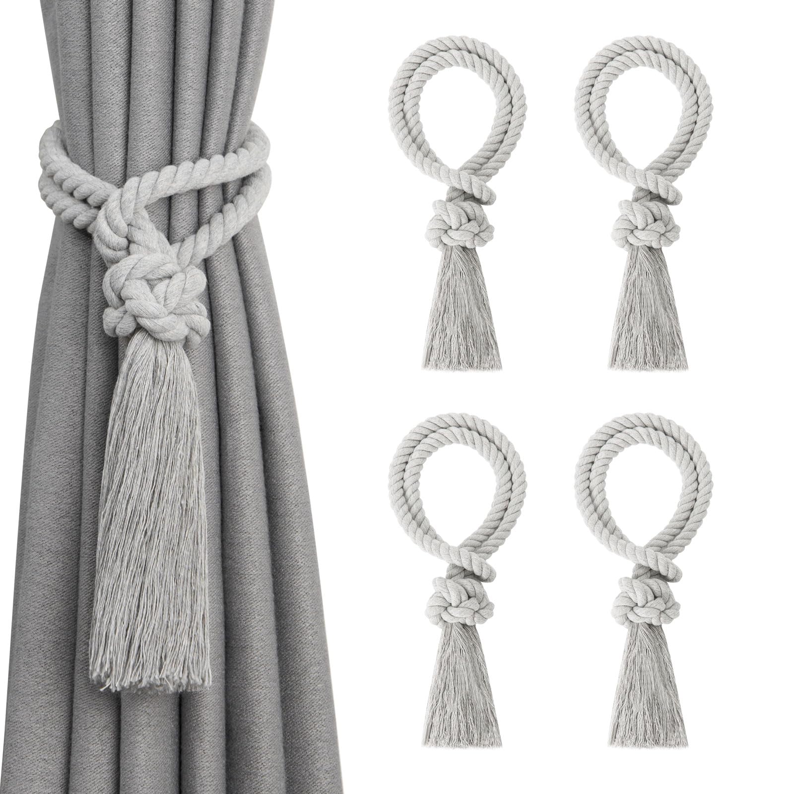 Pretty Jolly 4 Pack Natural Cotton Rope Tassel Curtain Tiebacks Boho Home Decor Drape Tie Backs Hand Woven Ball Curtain Holdbacks for Thin & Thick Home & Office Window Draperies (Light Grey)