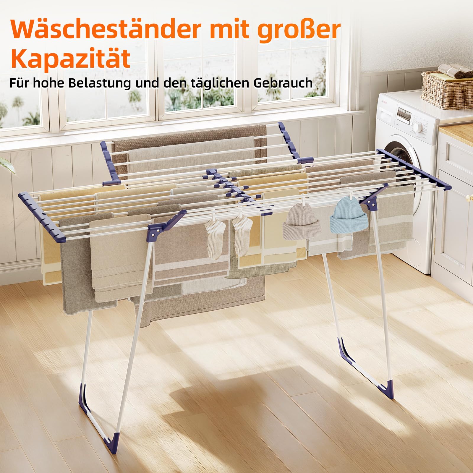 KINGBOARD Wäscheständer klappbar ausziehbar, Flügelwäscheständer 57 x 162 x 86 cm, Stabiler Standtrockner mit rutschfesten Füßen für Innen und Außen, Weiß 3