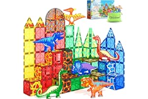 COODOO 102PCS Dinosaur Toys Magnetic Tiles with 8 Dinosaurs - Jurassic Scenes Dinosaur World Adventure Set, Magnetic Blocks Kids Toys for Boys & Girls Ages 3+, Sensory Toddler Creative Kids Games Gifts