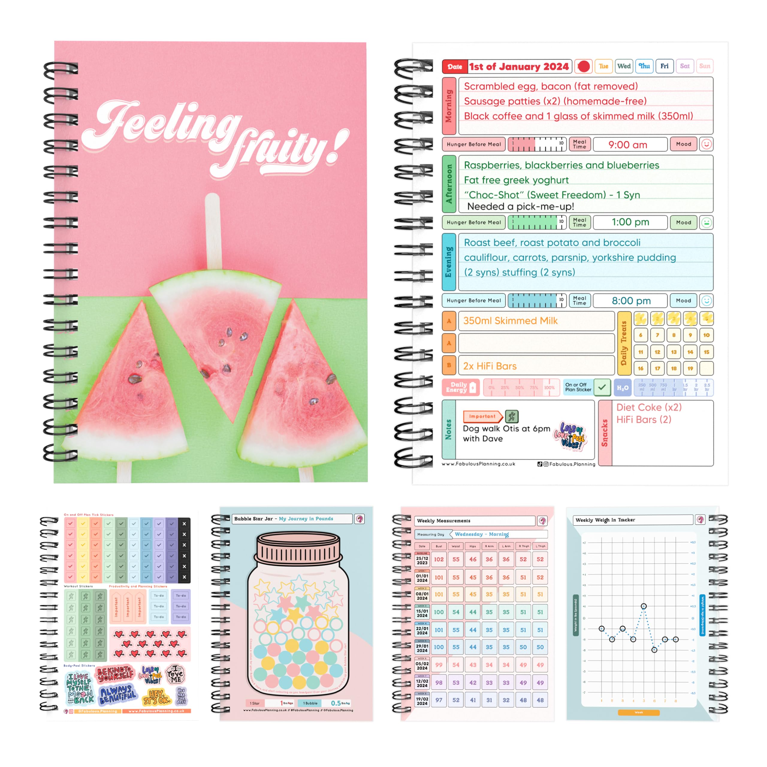 Slimming World Compatible Food Diary New Year 2025 Diet Journal Planner 7 Week Countdown Card With Stickers (Watermelon "Feeling Fruity")
