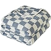 Ultra Soft Cozy 6-Layer Checkered Muslin Blankets for Adults 100% Cotton King Size 90"x104" Bed Blanket Breathable Lightweight Suitable for All Seasons Both Sides Blue