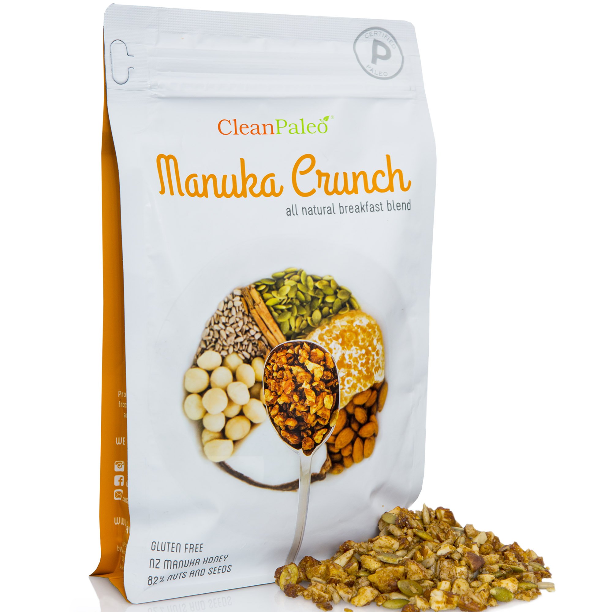 CleanPaleo Manuka Crunch Paleo Breakfast Cereal Blend (Grain Free, Gluten Free) Certified Paleo (350g) 7x 50g Servings Healthy Crunch & Crunchy Low Carb Snack