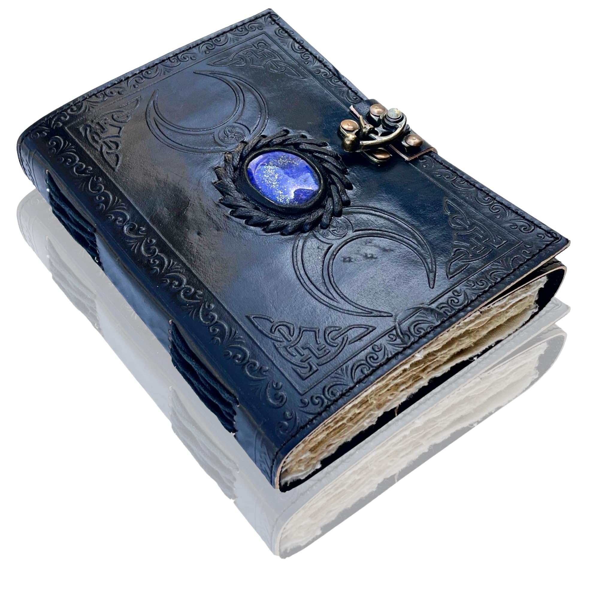 URBAN LEATHER Lapis 3 Moon Celtic Grimoire Black Book of Shadows Vintage Journal for Men Women, Artist Drawing Sketchbook, Travel Gift Writing Notebook Deckle Edge Pages, 7x5 Inches