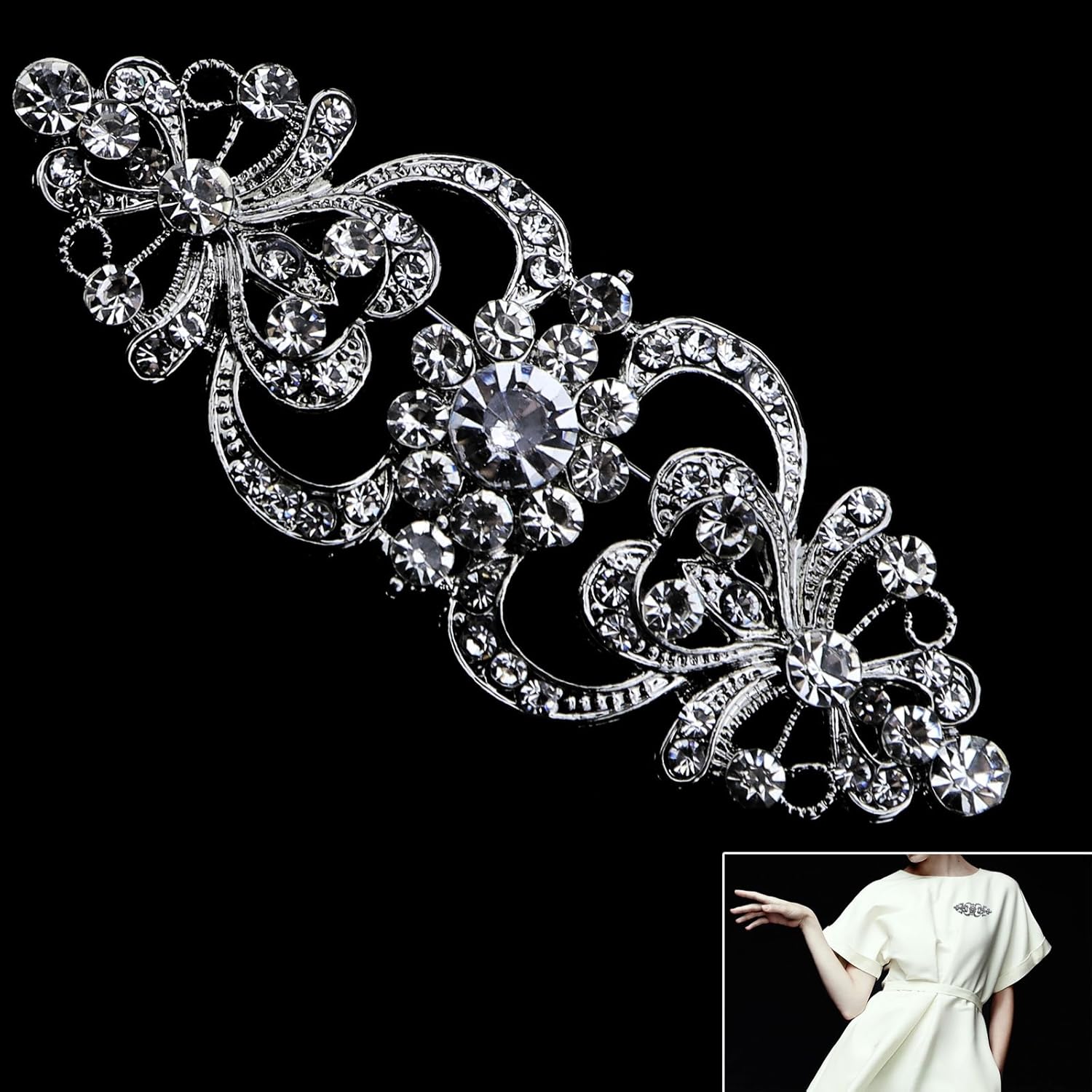 OTOTEC Women Crystal Rhinestone Brooch Wedding Party Bridal Flower Brooch Pin, Silver - Image 4