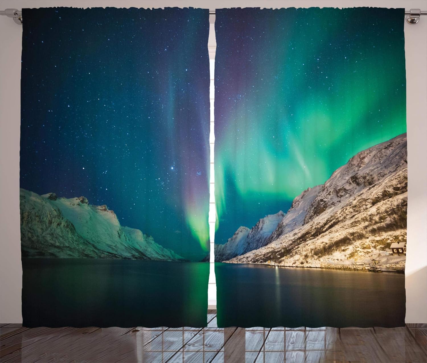 Ambesonne Nature Curtains, Mystical Aurora Borealis Above The Rocky Hills Magnetic Poles Solar Space Panorama, Living Room Bedroom Window Drapes 2 Panel Set, 108