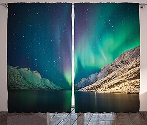 Ambesonne Nature Curtains, Mystical Aurora Borealis Above The Rocky Hills Magnetic Poles Solar Space Panorama, Living Room Bedroom Window Drapes 2 Panel Set, 108