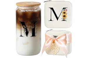 AYGXU teen girl gifts trendy stuff,Jewelry Box Organizer,Travel Initial Jewelry Box for Girls,16oz glass cups with bamboo lids,aesthetic glass cup,Travel Essentials,Initial M white