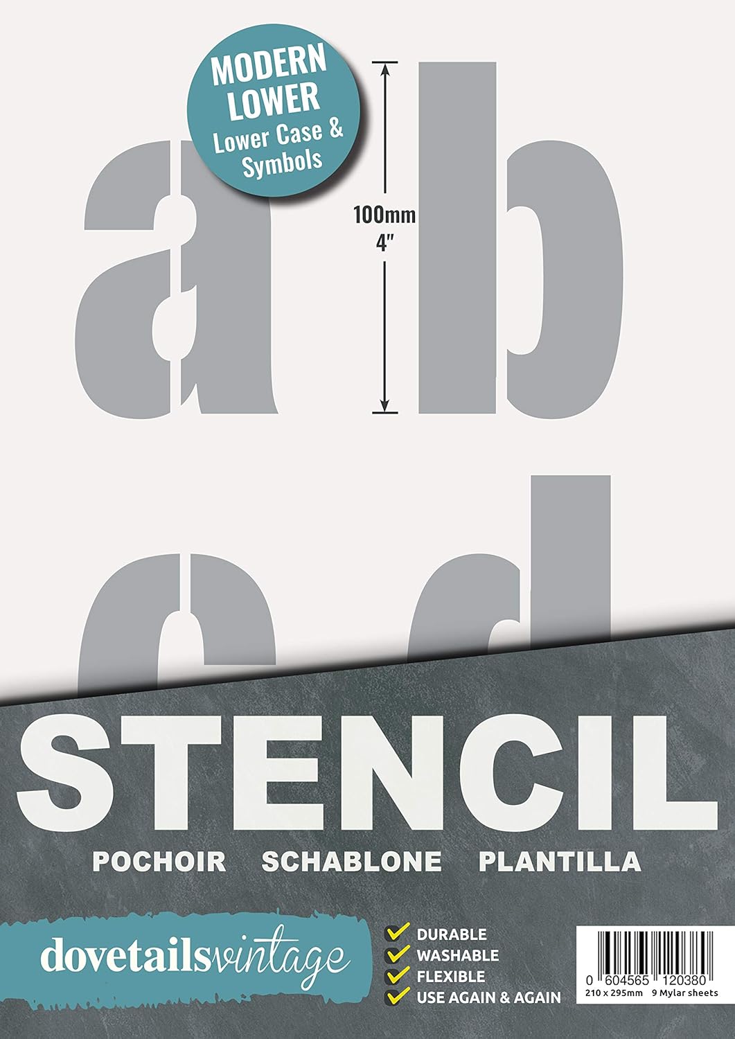 Dovetails Vintage Letter Stencil 100 mm Tall Modern Style Lower Case Letters and Symbols, off white, 9 Sheets of 295 x 200mm