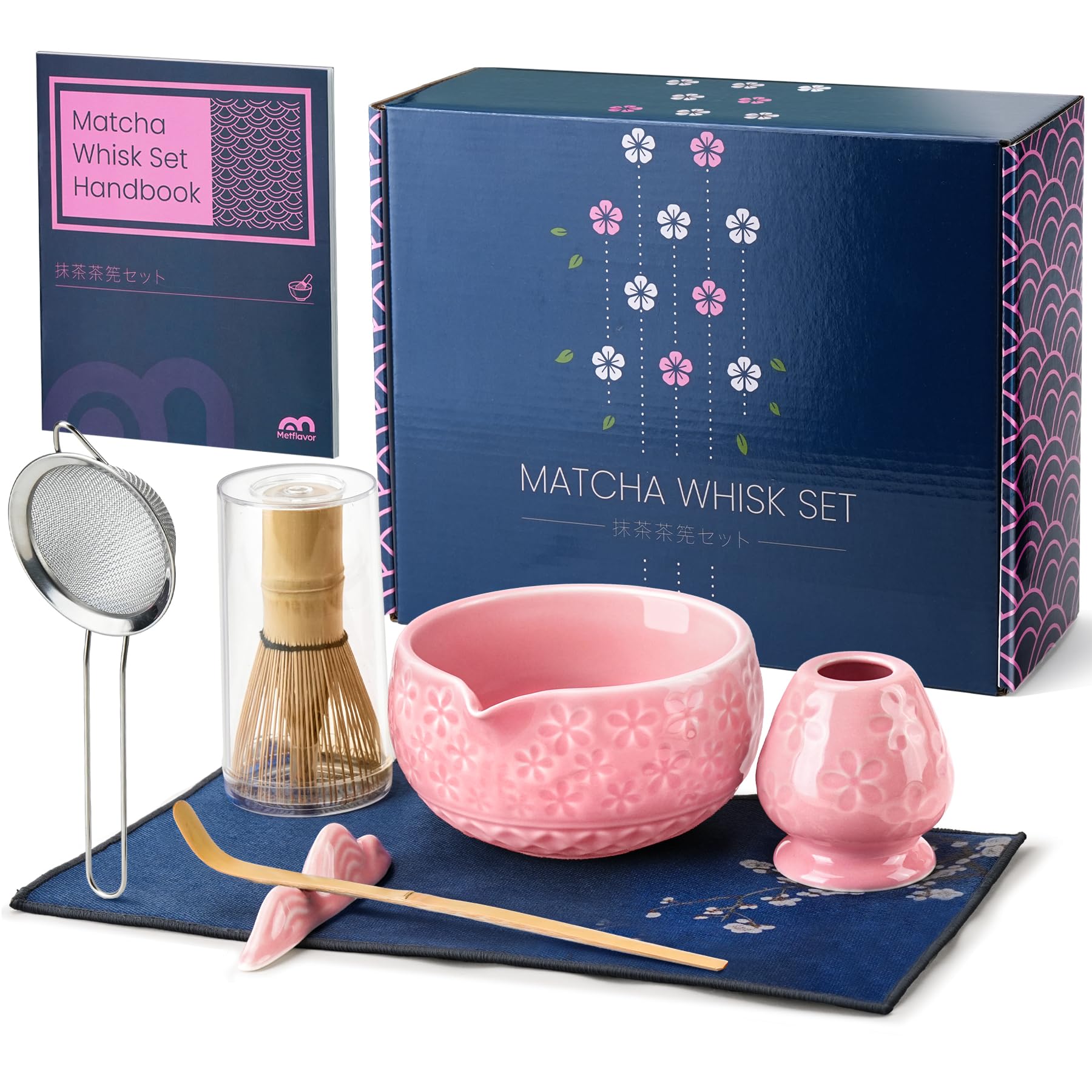 Photo 1 of 7Pcs Matcha Whisk Set, Ceramic Matcha Bowl with Spout, Bamboo Whisk&Holder,Bamboo Scoop,Scoop Rest,Sifter,Tea Towel, Matcha Kit w/Cherry Blossom Carved Patterns for Valentine's Day Gift(Sakura Pink)
