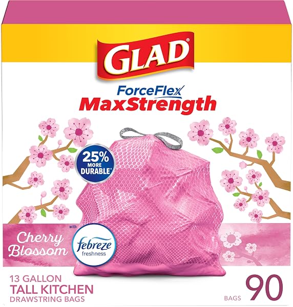 GLAD FORCEFLEX MAXSTRENGTH TALL KITCHEN TRASH BAGS, RIP AND TEAR RESISTANT, CHERRY BLOSSOMS SCENTED PINK TALL GARBAGE BAGS, ODOR CONTROL, FEBREZE FRESHNESS, 13 GALLON, 90 COUNT