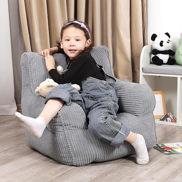 MOMCAYWEX KIDS BEAN BAG CHAIR WITH A PLUSH BEAR, COMFY TODDLER CHAIR FOR BOYS AND GIRLS, GREY