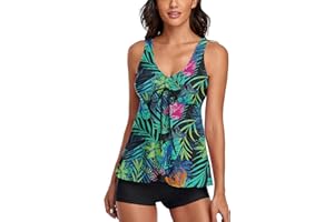 Omichic Modest Tankini Swimsuits for Women Two Piece Bathing Suits Floral Print Tank Top with Boyshorts
