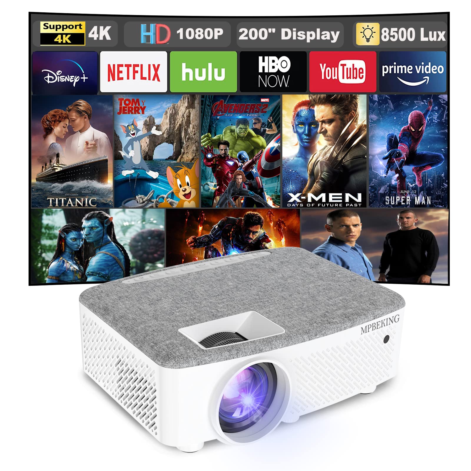Projector, Portable Video Projector HD 1080P Supported, Home Projector 8500 Lumens 200''Display for TV Stick, Home Theatre, Android/iOS