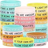 JUNEBRUSHS 64pcs Motivational Silicone Bracelets Bulk Colored Inspirational Rubber Wristbands Unisex for Student Teacher Office Prizes Gifts Back to School Party Favor Supplies (16 Designs)