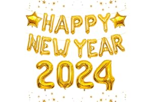 HIPARTY Happy New Year Balloons, 2024 Balloon Numbers, Happy New Years Decorations, New Years Eve Party Supplies 2024, Happy New Year Banner Backdrop, NYE Party Decorations Supplies,16 Inch Gold Balloons