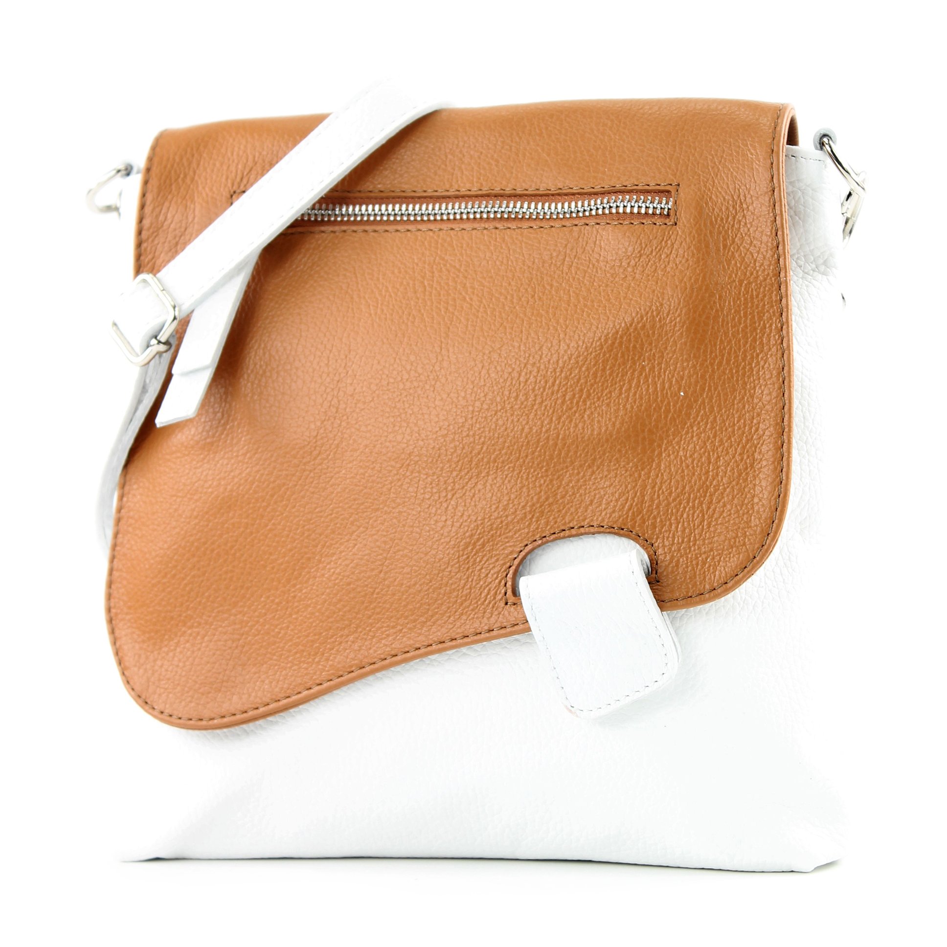 modamoda de - T146 - Italian leather messenger bag, White / Camel, Medium