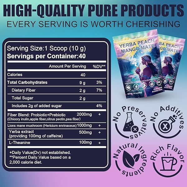 40 SERVINGS (14.1OZ) YERBA MATE INSTANT TEA POWDER, 3-IN-1 PEACH MANGO FLAVORED LOW SUGAR SUPER DRINK TO SUPPORT ENERGY & FOCUS WITH PREBIOTICS AND PROBIOTICS